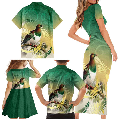 New Zealand Pigeon Kereru Family Matching Short Sleeve Bodycon Dress and Hawaiian Shirt Maori Fern Art Green Gradient - Aussie Hoodie
