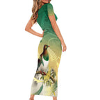 New Zealand Pigeon Kereru Family Matching Short Sleeve Bodycon Dress and Hawaiian Shirt Maori Fern Art Green Gradient - Aussie Hoodie