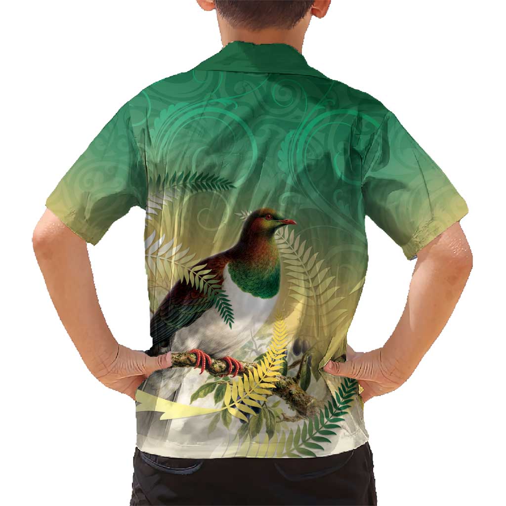 New Zealand Pigeon Kereru Family Matching Summer Maxi Dress and Hawaiian Shirt Maori Fern Art Green Gradient - Aussie Hoodie