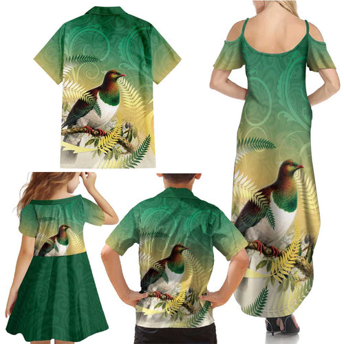 New Zealand Pigeon Kereru Family Matching Summer Maxi Dress and Hawaiian Shirt Maori Fern Art Green Gradient - Aussie Hoodie