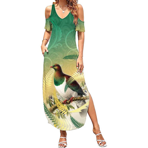 New Zealand Pigeon Kereru Family Matching Summer Maxi Dress and Hawaiian Shirt Maori Fern Art Green Gradient - Aussie Hoodie