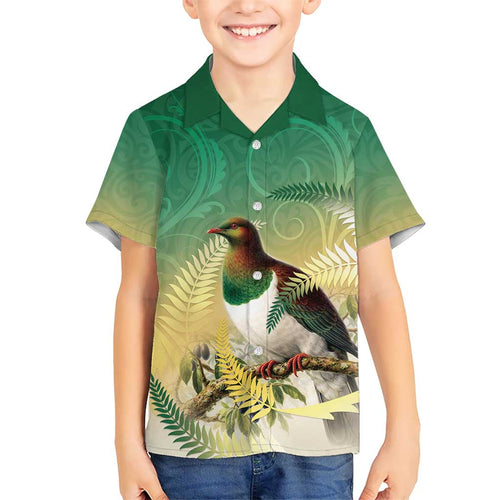 New Zealand Pigeon Kereru Family Matching Summer Maxi Dress and Hawaiian Shirt Maori Fern Art Green Gradient - Aussie Hoodie