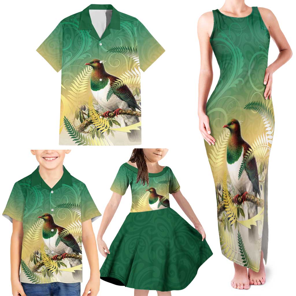 New Zealand Pigeon Kereru Family Matching Tank Maxi Dress and Hawaiian Shirt Maori Fern Art Green Gradient - Aussie Hoodie