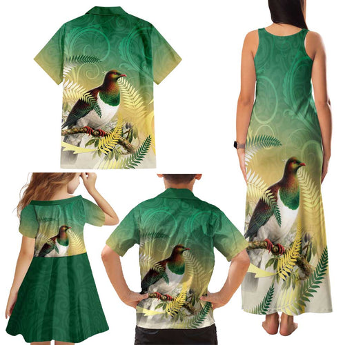 New Zealand Pigeon Kereru Family Matching Tank Maxi Dress and Hawaiian Shirt Maori Fern Art Green Gradient - Aussie Hoodie