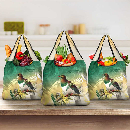 New Zealand Pigeon Kereru Grocery Bag Maori Fern Art Green Gradient - Aussie Hoodie