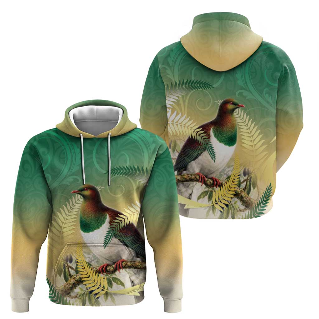 New Zealand Pigeon Kereru Hoodie Maori Fern Art Green Gradient - Aussie Hoodie