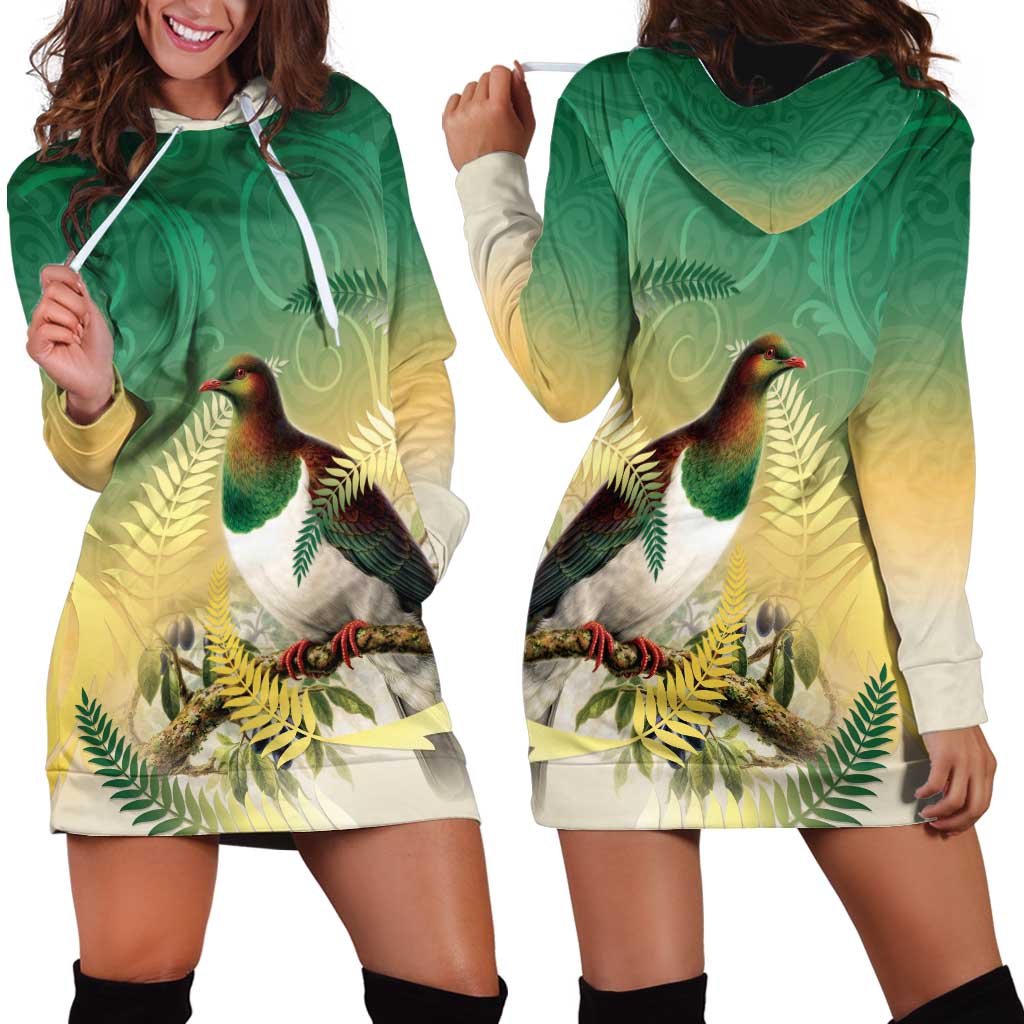 New Zealand Pigeon Kereru Hoodie Dress Maori Fern Art Green Gradient - Aussie Hoodie