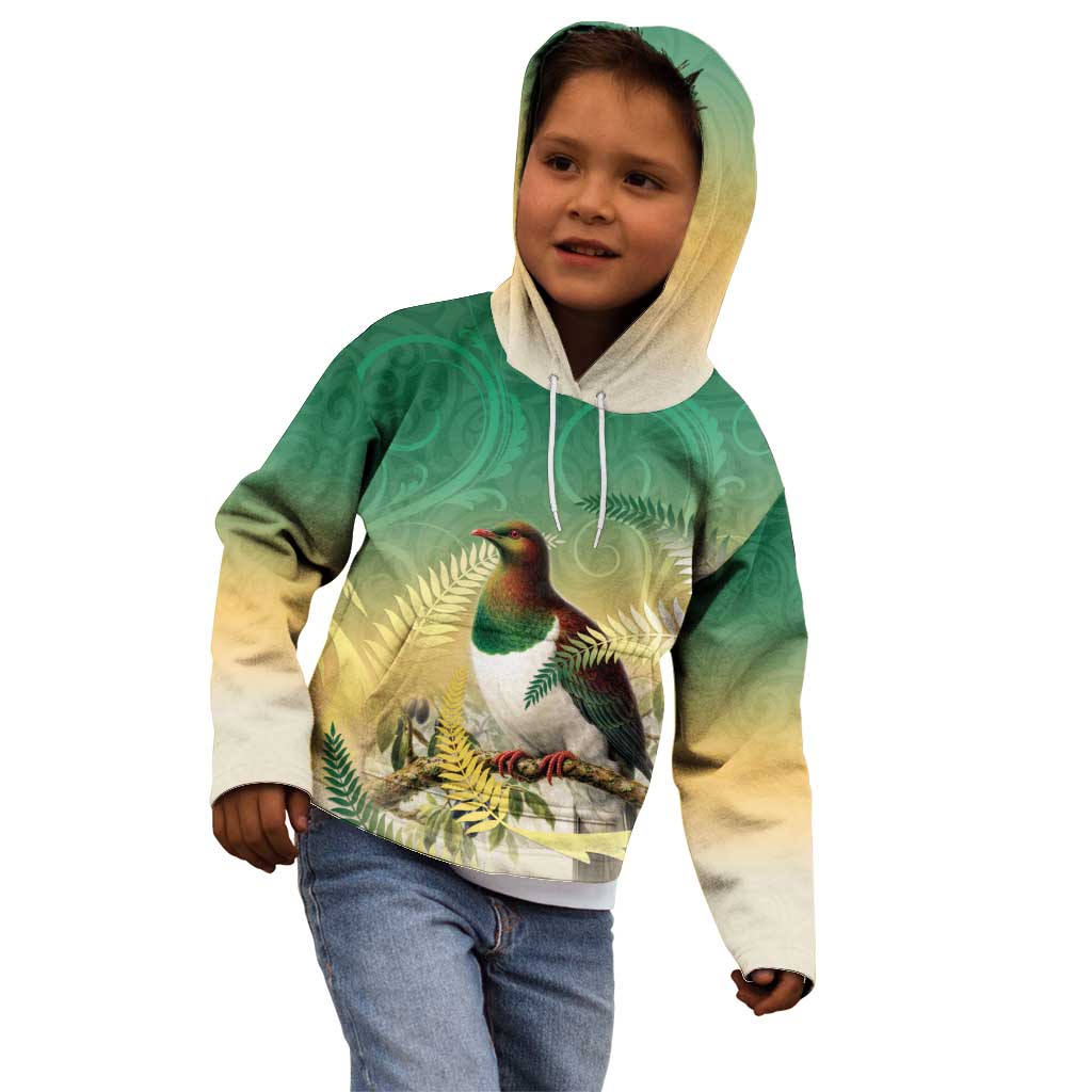 New Zealand Pigeon Kereru Kid Hoodie Maori Fern Art Green Gradient - Aussie Hoodie