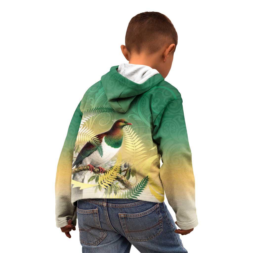 New Zealand Pigeon Kereru Kid Hoodie Maori Fern Art Green Gradient - Aussie Hoodie