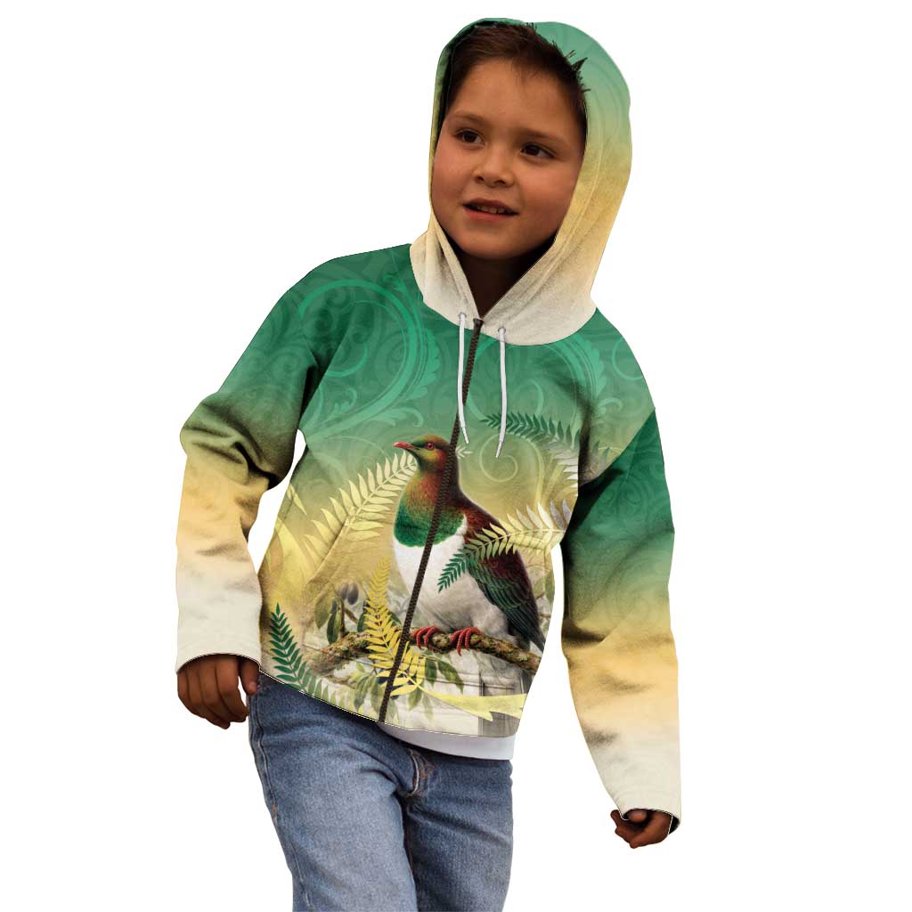 New Zealand Pigeon Kereru Kid Hoodie Maori Fern Art Green Gradient - Aussie Hoodie