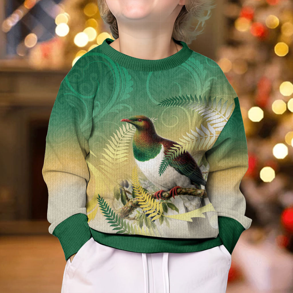 New Zealand Pigeon Kereru Kid Ugly Christmas Sweater Maori Fern Art Green Gradient