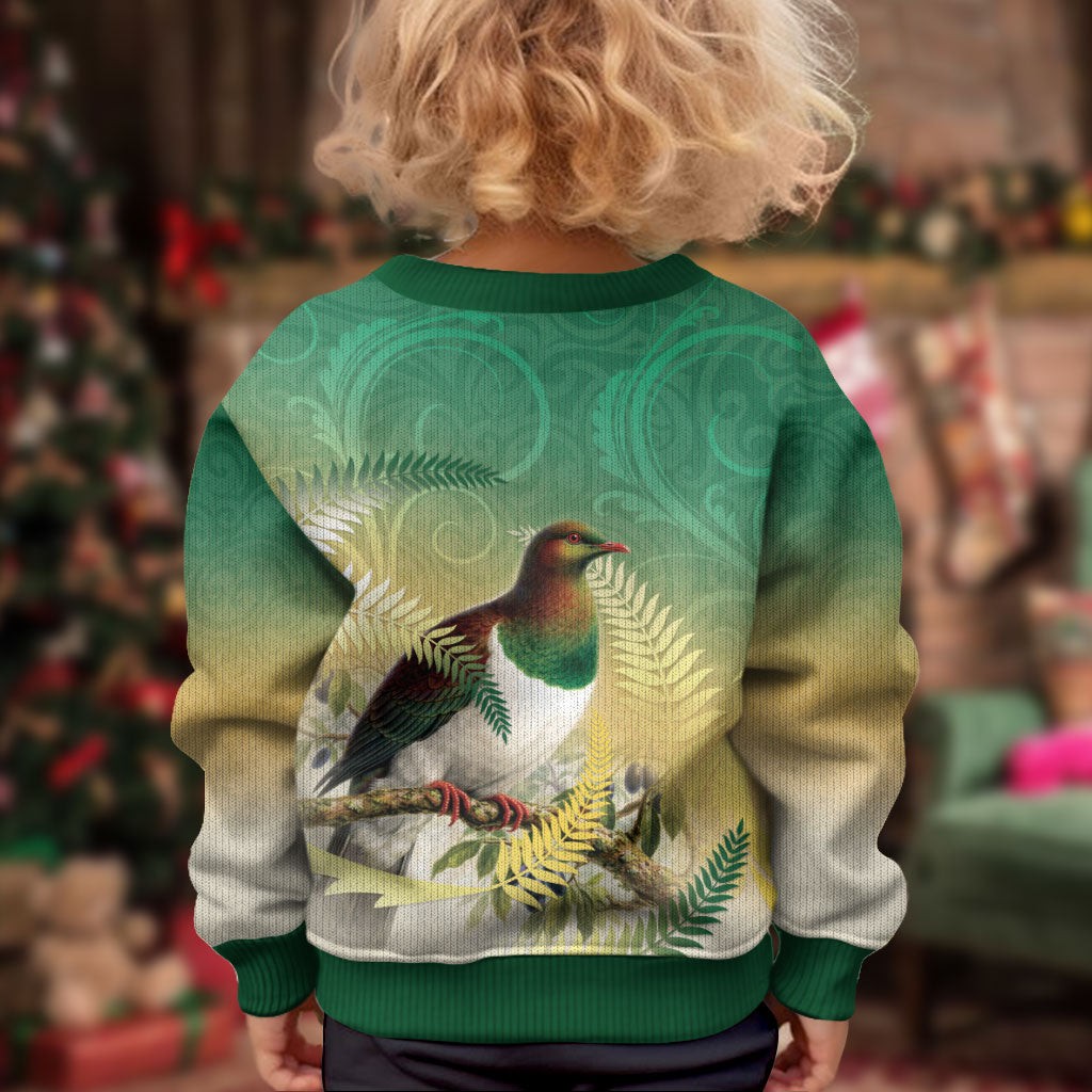 New Zealand Pigeon Kereru Kid Ugly Christmas Sweater Maori Fern Art Green Gradient