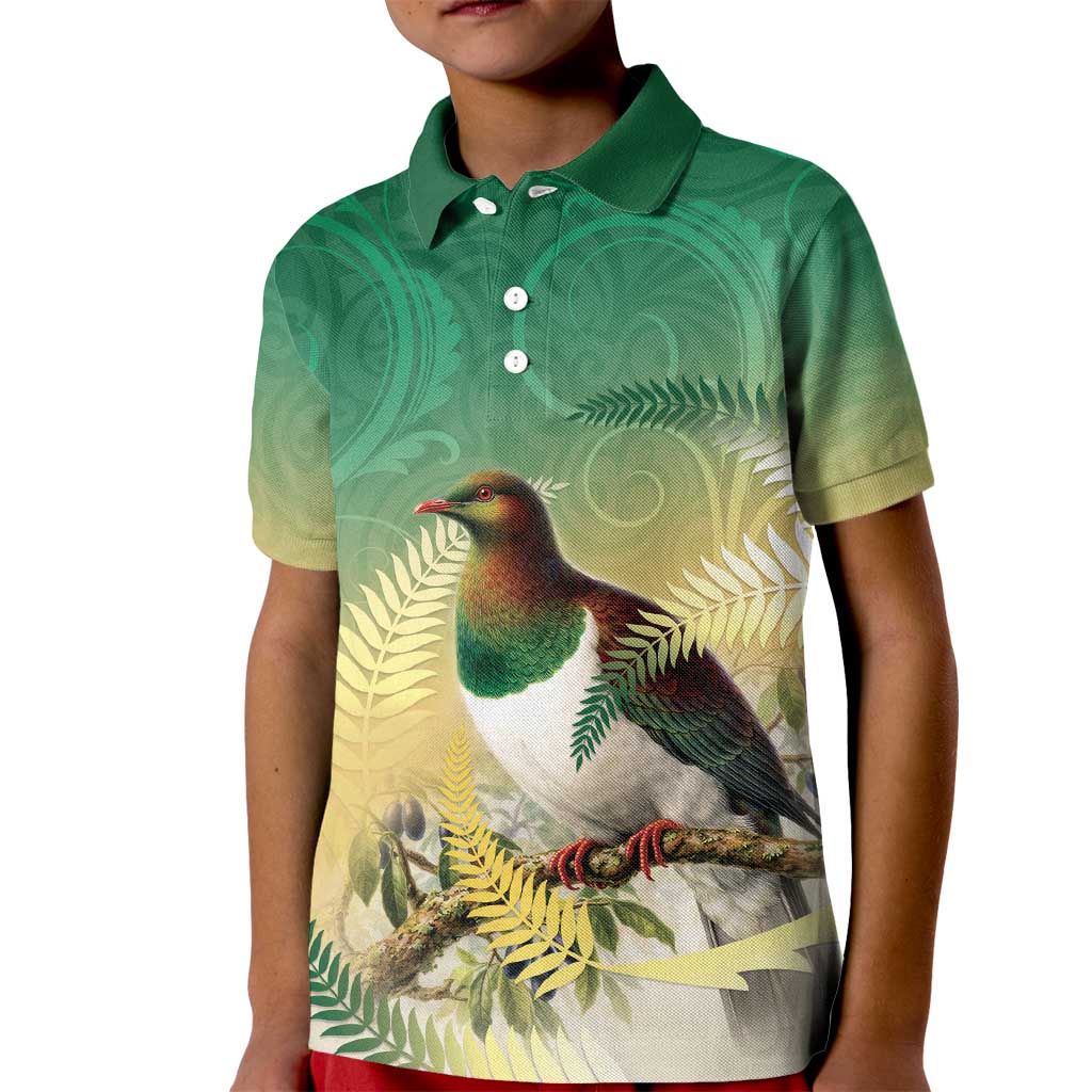 New Zealand Pigeon Kereru Kid Polo Shirt Maori Fern Art Green Gradient - Aussie Hoodie