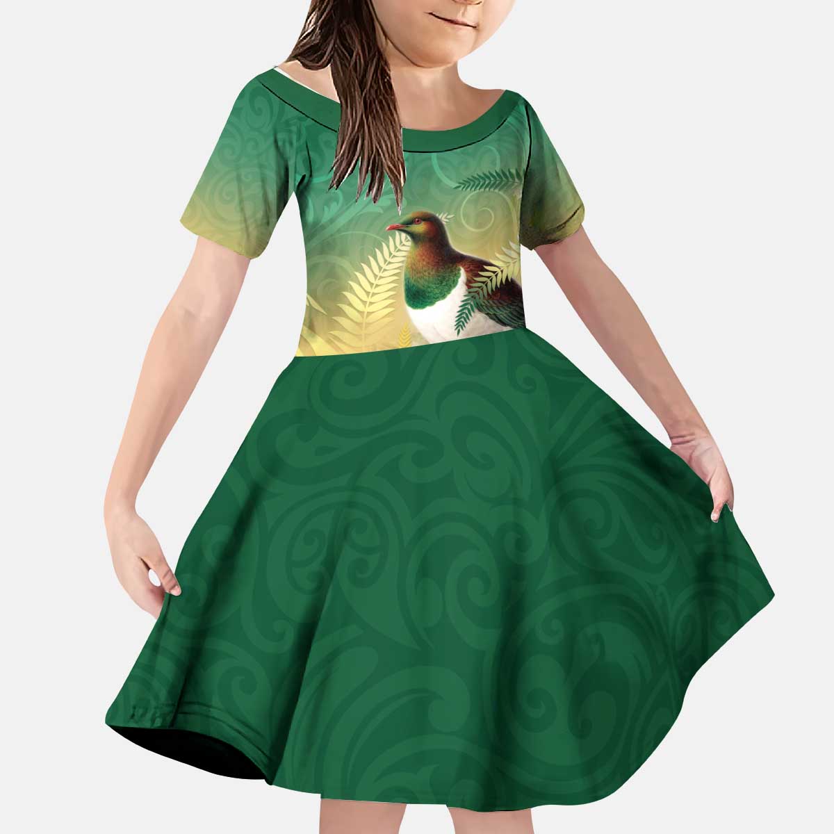 New Zealand Pigeon Kereru Kid Short Sleeve Dress Maori Fern Art Green Gradient - Aussie Hoodie
