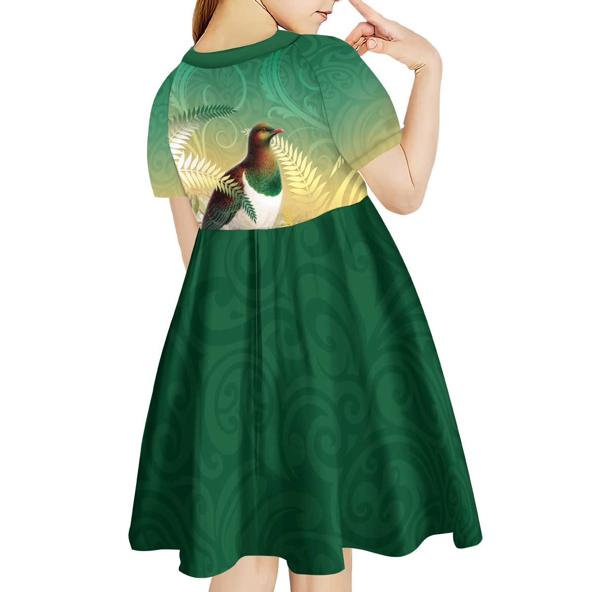 New Zealand Pigeon Kereru Kid Short Sleeve Dress Maori Fern Art Green Gradient - Aussie Hoodie