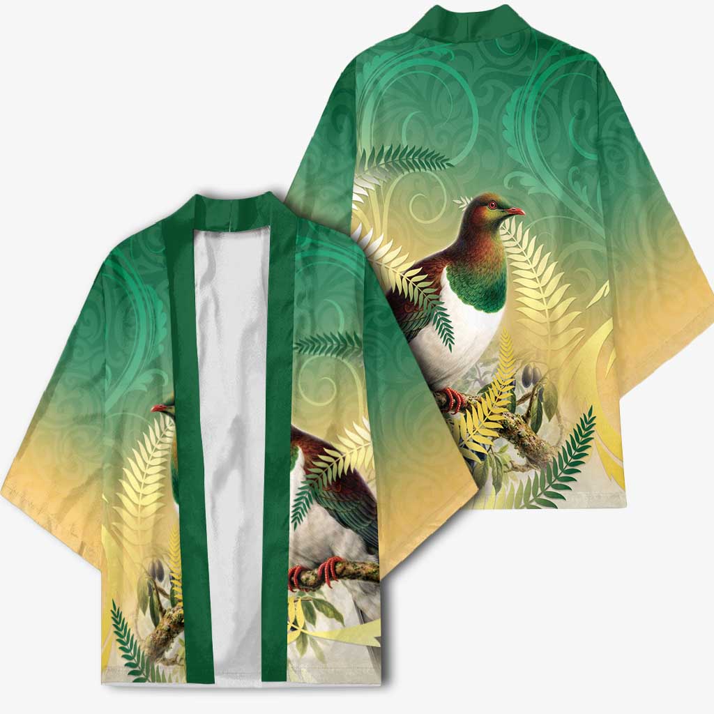 New Zealand Pigeon Kereru Kimono Maori Fern Art Green Gradient - Aussie Hoodie