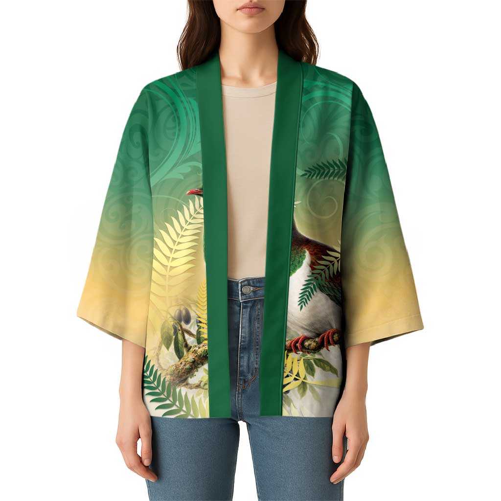 New Zealand Pigeon Kereru Kimono Maori Fern Art Green Gradient - Aussie Hoodie