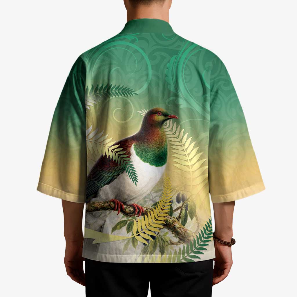 New Zealand Pigeon Kereru Kimono Maori Fern Art Green Gradient - Aussie Hoodie