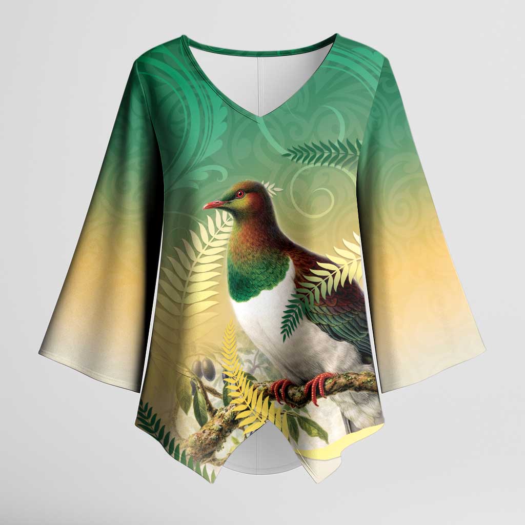 New Zealand Pigeon Kereru Kimono Sleeve Blouse Maori Fern Art Green Gradient - Aussie Hoodie