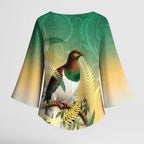 New Zealand Pigeon Kereru Kimono Sleeve Blouse Maori Fern Art Green Gradient - Aussie Hoodie
