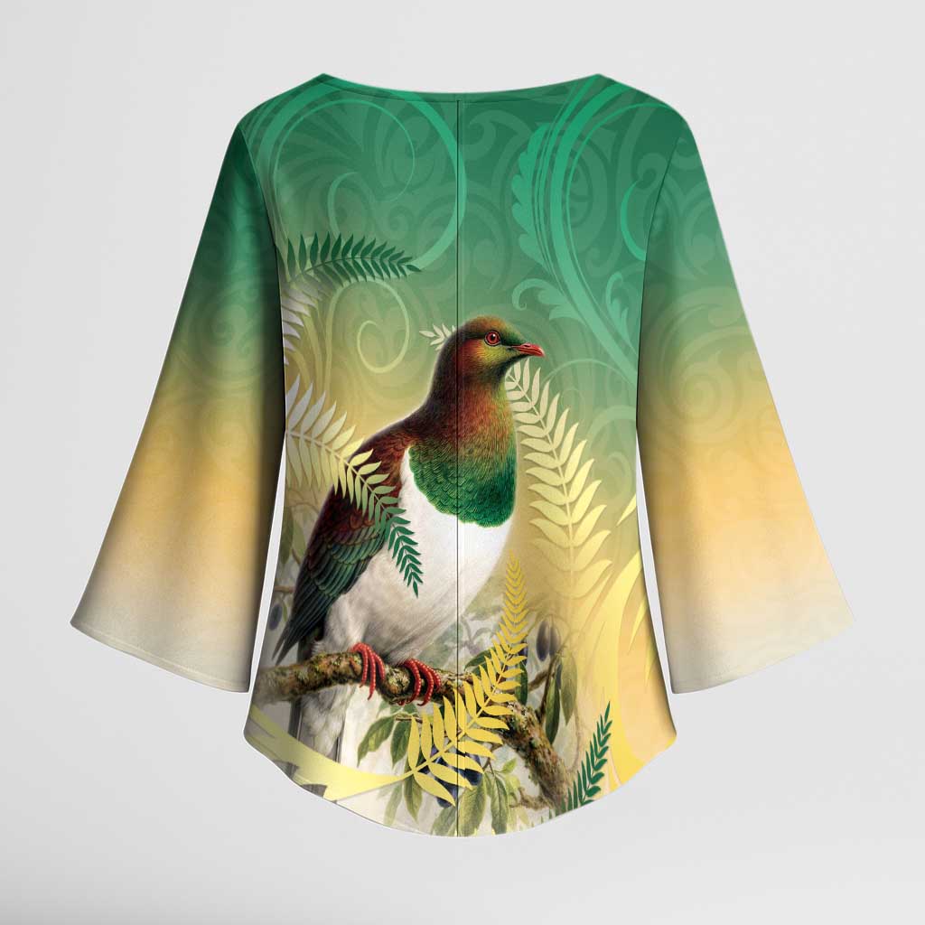 New Zealand Pigeon Kereru Kimono Sleeve Blouse Maori Fern Art Green Gradient - Aussie Hoodie