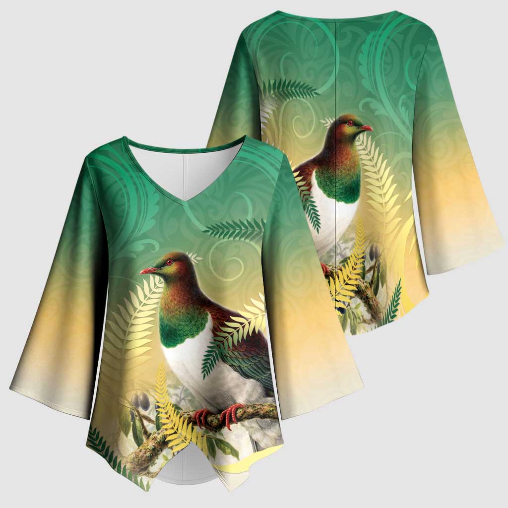 New Zealand Pigeon Kereru Kimono Sleeve Blouse Maori Fern Art Green Gradient - Aussie Hoodie