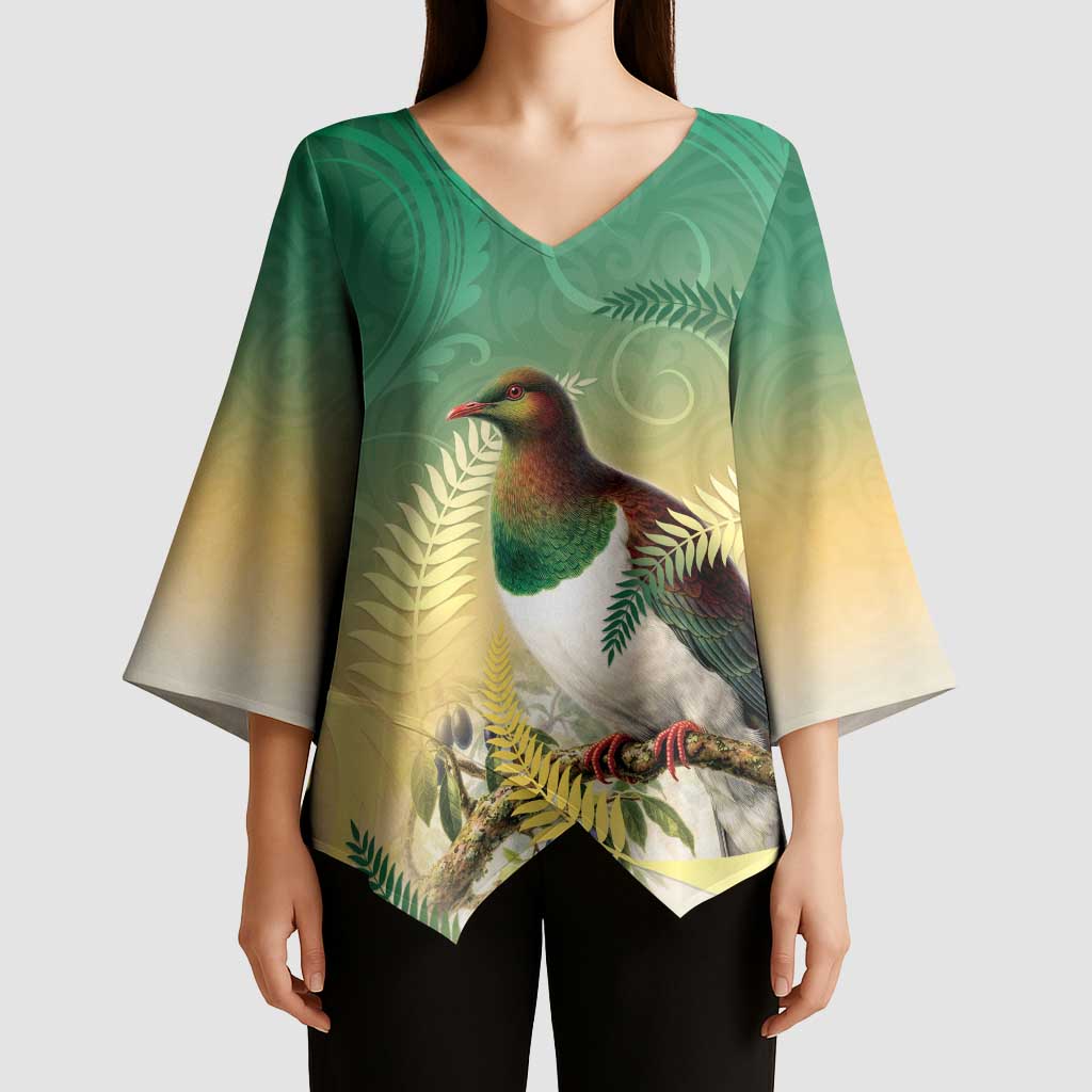 New Zealand Pigeon Kereru Kimono Sleeve Blouse Maori Fern Art Green Gradient - Aussie Hoodie