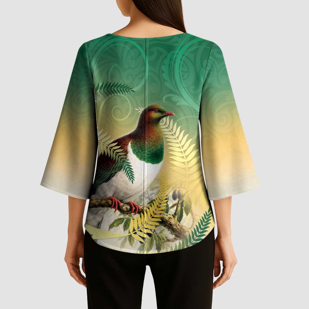 New Zealand Pigeon Kereru Kimono Sleeve Blouse Maori Fern Art Green Gradient - Aussie Hoodie