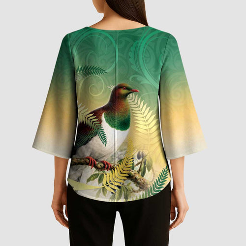 New Zealand Pigeon Kereru Kimono Sleeve Blouse Maori Fern Art Green Gradient - Aussie Hoodie