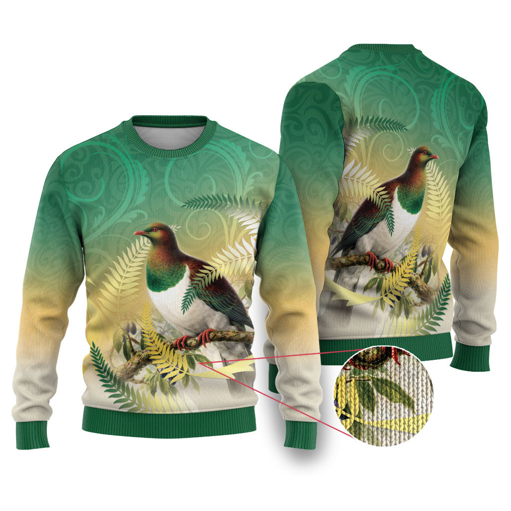 New Zealand Pigeon Kereru Ugly Christmas Sweater Maori Fern Art Green Gradient
