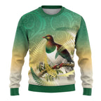 New Zealand Pigeon Kereru Ugly Christmas Sweater Maori Fern Art Green Gradient