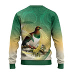 New Zealand Pigeon Kereru Ugly Christmas Sweater Maori Fern Art Green Gradient