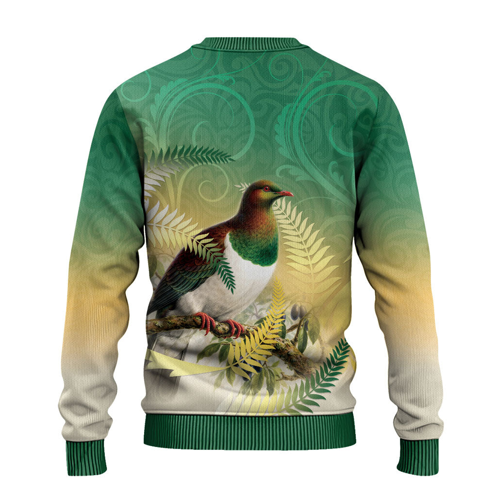 New Zealand Pigeon Kereru Ugly Christmas Sweater Maori Fern Art Green Gradient