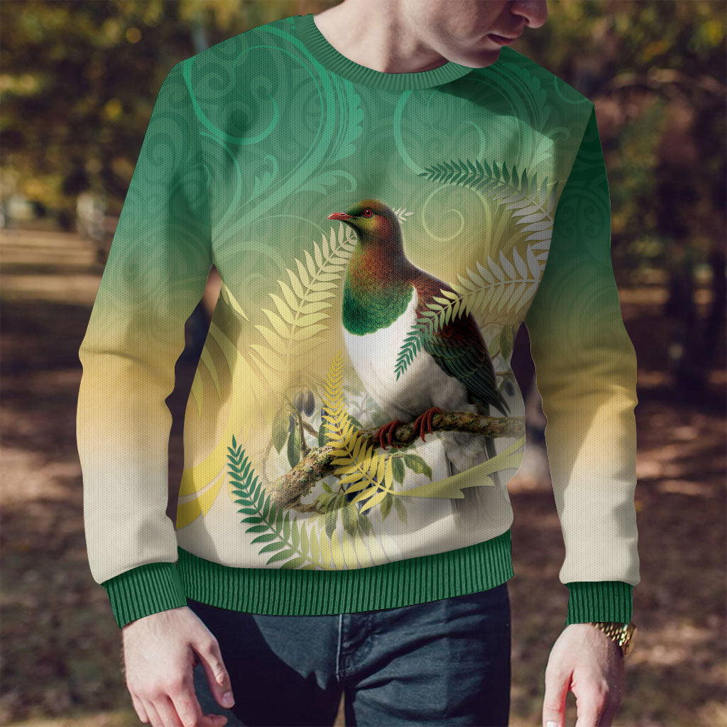 New Zealand Pigeon Kereru Ugly Christmas Sweater Maori Fern Art Green Gradient