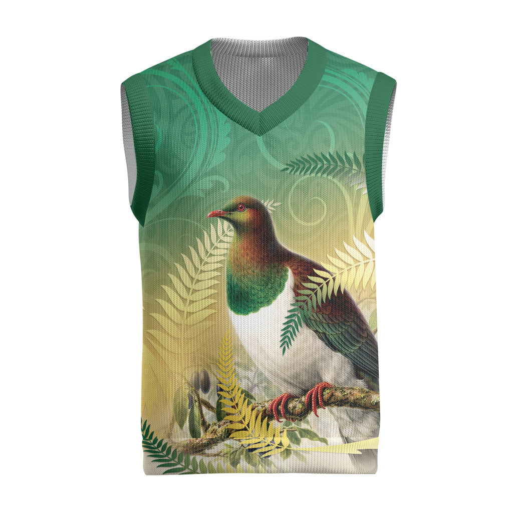 New Zealand Pigeon Kereru Christmas Knitted V-Neck Vest Maori Fern Art Green Gradient