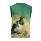 New Zealand Pigeon Kereru Christmas Knitted V-Neck Vest Maori Fern Art Green Gradient