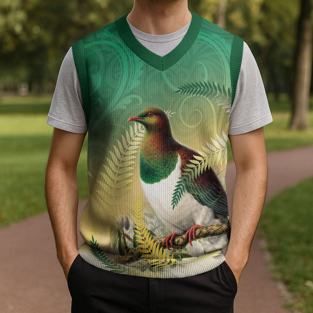 New Zealand Pigeon Kereru Christmas Knitted V-Neck Vest Maori Fern Art Green Gradient