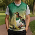 New Zealand Pigeon Kereru Christmas Knitted V-Neck Vest Maori Fern Art Green Gradient