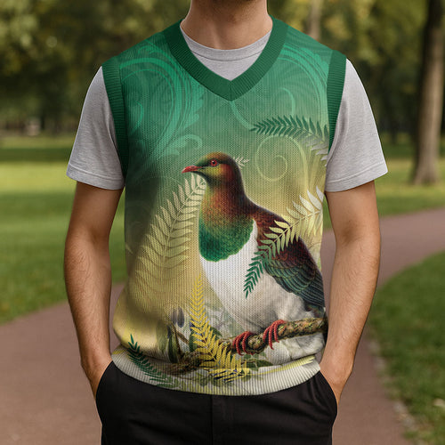 New Zealand Pigeon Kereru Christmas Knitted V-Neck Vest Maori Fern Art Green Gradient