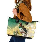 New Zealand Pigeon Kereru Leather Tote Bag Maori Fern Art Green Gradient - Aussie Hoodie