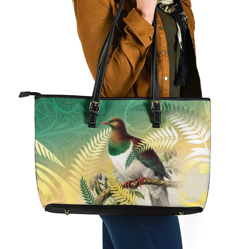 New Zealand Pigeon Kereru Leather Tote Bag Maori Fern Art Green Gradient - Aussie Hoodie