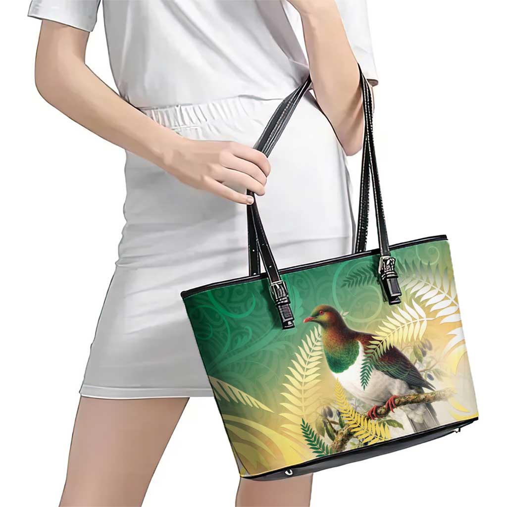 New Zealand Pigeon Kereru Leather Tote Bag Maori Fern Art Green Gradient - Aussie Hoodie