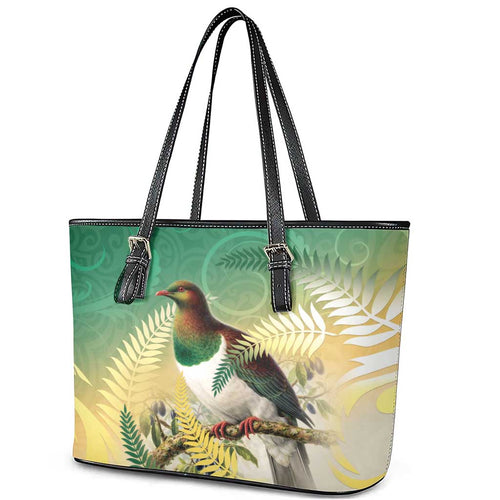 New Zealand Pigeon Kereru Leather Tote Bag Maori Fern Art Green Gradient - Aussie Hoodie