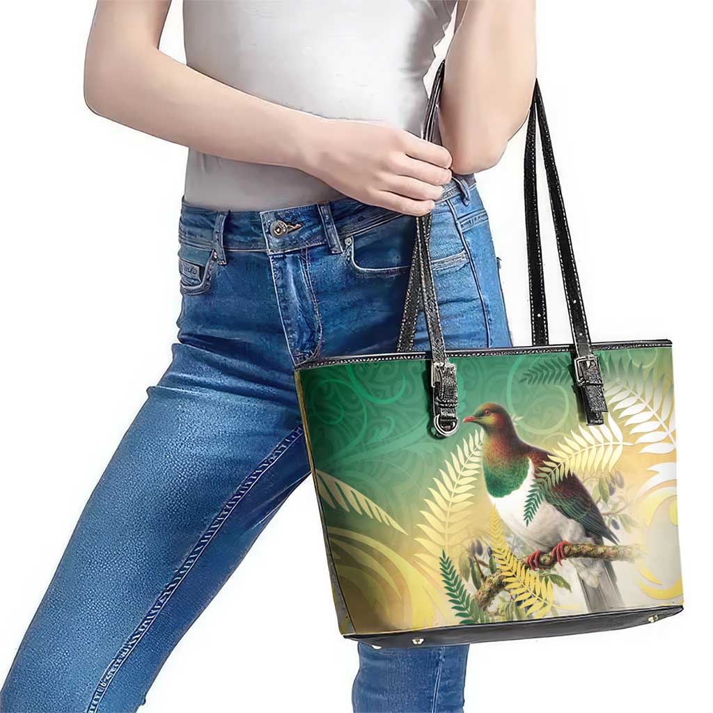 New Zealand Pigeon Kereru Leather Tote Bag Maori Fern Art Green Gradient - Aussie Hoodie