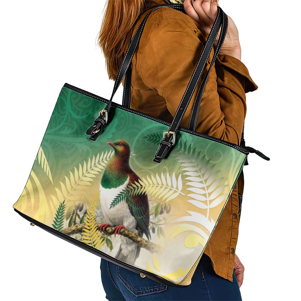 New Zealand Pigeon Kereru Leather Tote Bag Maori Fern Art Green Gradient - Aussie Hoodie