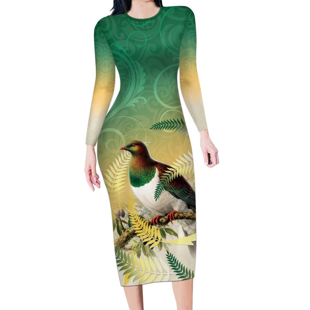 New Zealand Pigeon Kereru Long Sleeve Bodycon Dress Maori Fern Art Green Gradient - Aussie Hoodie