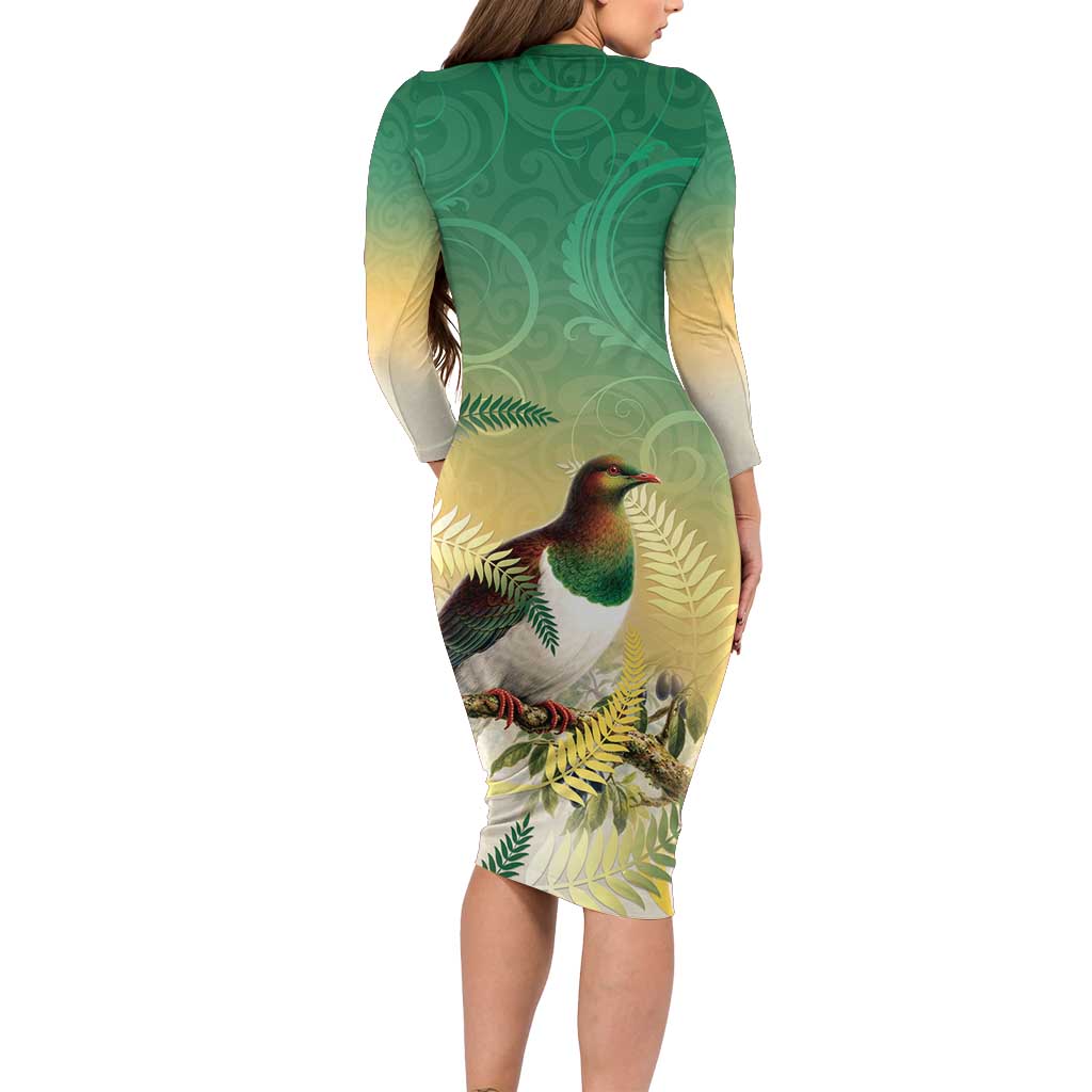 New Zealand Pigeon Kereru Long Sleeve Bodycon Dress Maori Fern Art Green Gradient - Aussie Hoodie