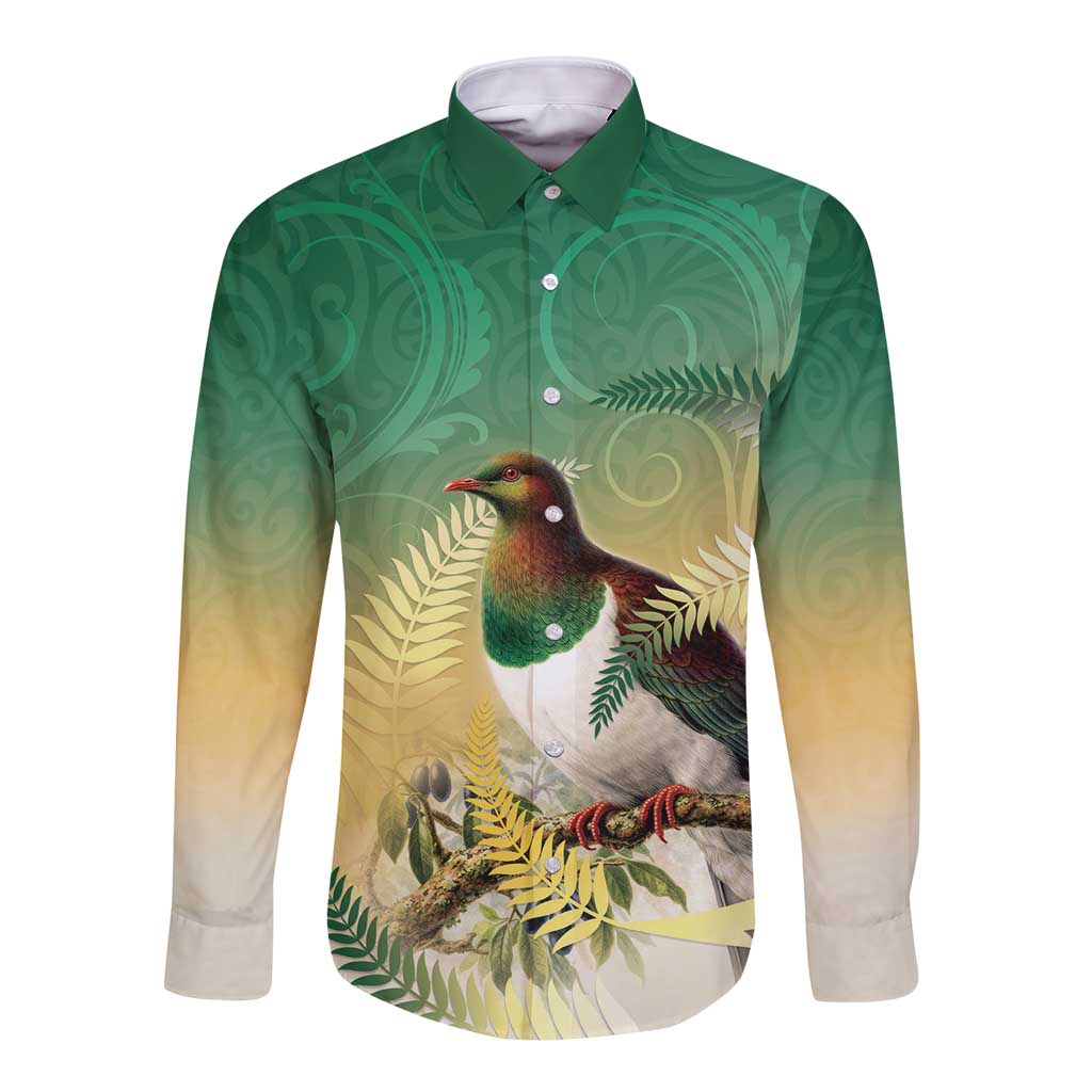 New Zealand Pigeon Kereru Long Sleeve Button Shirt Maori Fern Art Green Gradient - Aussie Hoodie