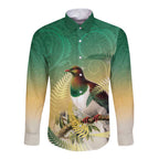 New Zealand Pigeon Kereru Long Sleeve Button Shirt Maori Fern Art Green Gradient - Aussie Hoodie
