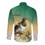 New Zealand Pigeon Kereru Long Sleeve Button Shirt Maori Fern Art Green Gradient - Aussie Hoodie